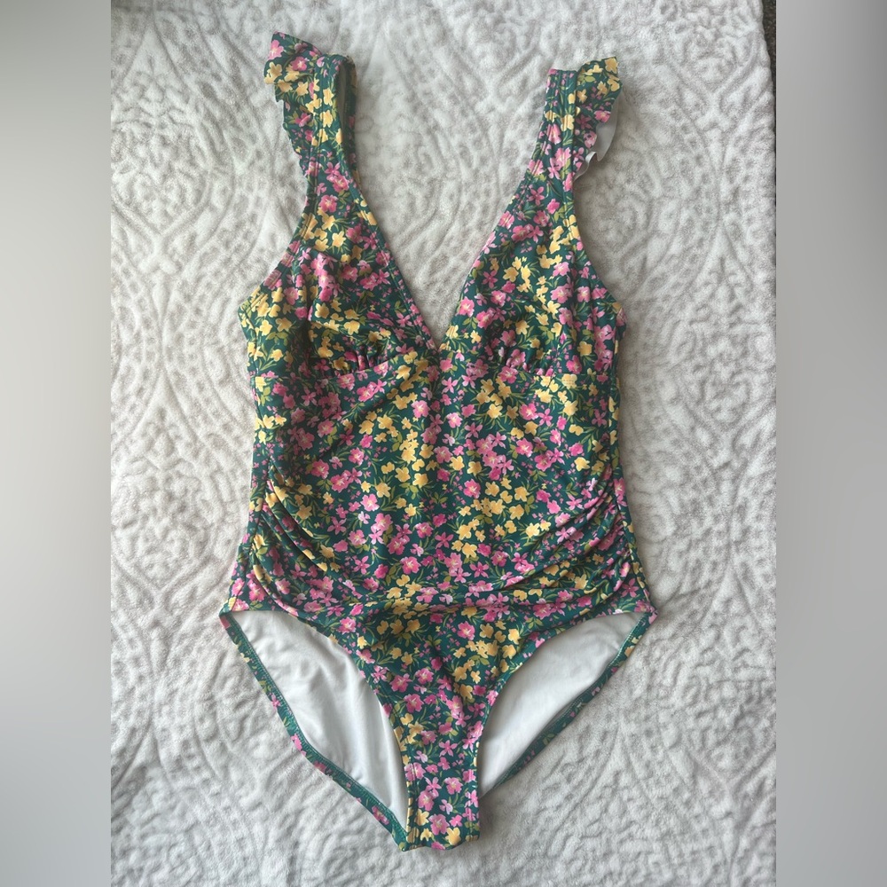 Kona Sol Green, Pink and Yellow Floral Design One Piece Swimsuit |  Size L